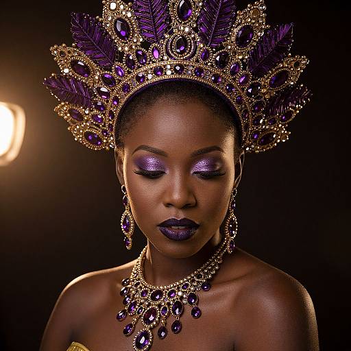 Photograph of a dark-skinned woman with closed eyes, wearing a lavish gold and purple peacock feather headdress, matching earrings, and necklace,