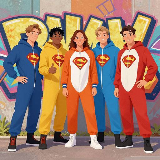 Digital illustration of five diverse men in Superman-themed onesies (blue, yellow, orange, blue, red) standing before colorful graffiti wall.
