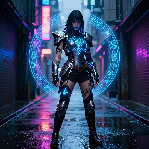 Cyberpunk warrior with glowing blue runes and armor stands confidently in a neon-lit, rainy alleyway. Digital art.