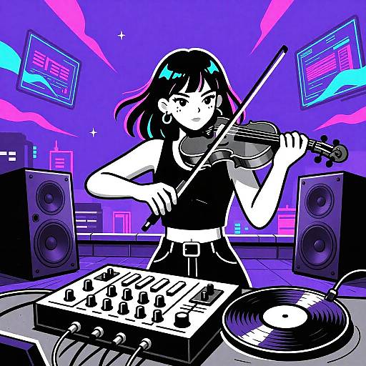 Neon Electronic Violinist on Rooftop