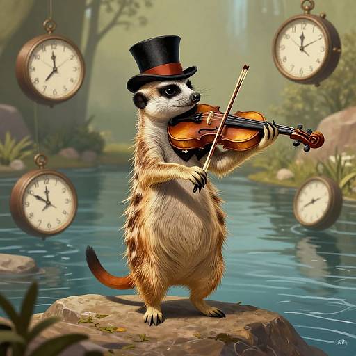 Digital illustration of a meerkat wearing a black top hat, playing a violin on a rock by a serene pond, surrounded by floating vintage clocks in