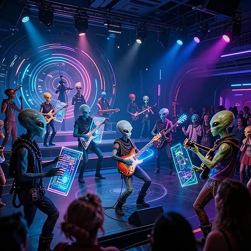Photograph of a neon-lit stage featuring a band of alien musicians with glowing masks, playing electric guitars and neon-infused effects.