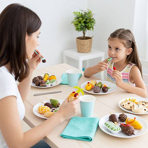 Photograph of a mother and daughter enjoying a colorful breakfast with fruit, pastries, and yogurt at a sunlit table.