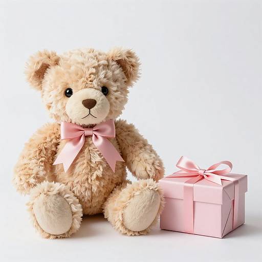 Photograph of a fluffy, beige teddy bear with a pink bow, sitting beside a pink gift box with a matching ribbon.