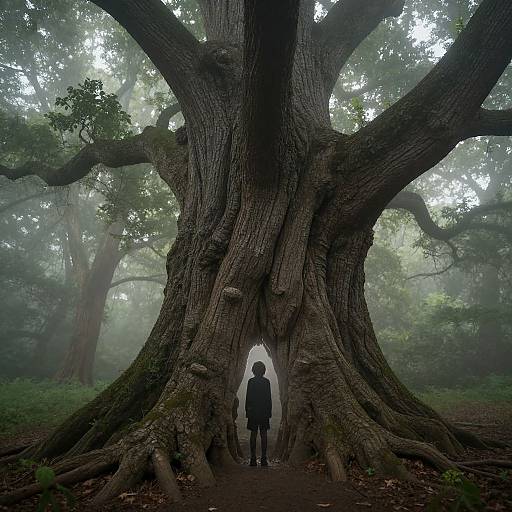 Photograph of a person standing in the shadow of a massive, gnarled tree with a natural archway, surrounded by misty forest.
