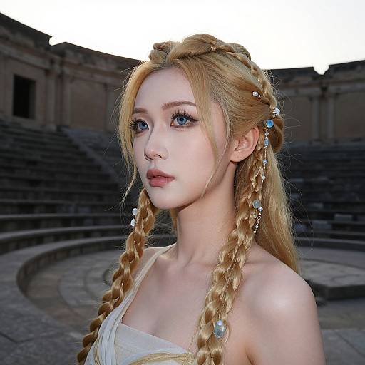 Photographic-style digital artwork of a fair-skinned, blue-eyed blonde woman with braided hair, adorned with blue and silver beads, wearing a white