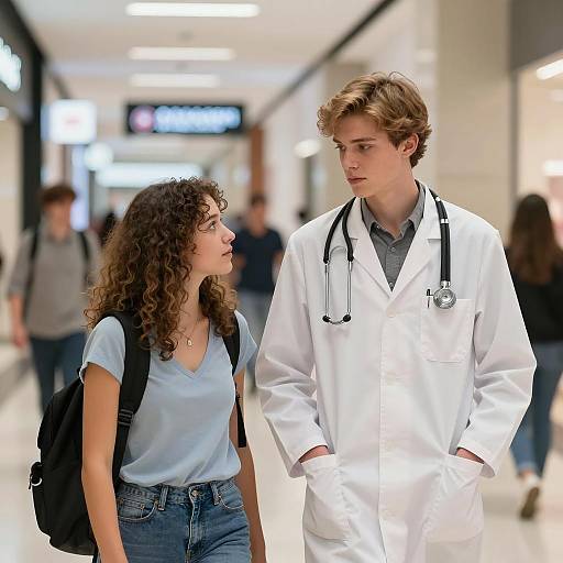 Young Doctor and Woman Walking in Mall Corridor