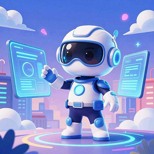 Cute, white, cartoon robot with black visor, blue accents, and glowing panels, stands on neon circle in futuristic cityscape. Digital art
