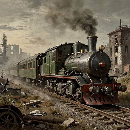 Dieselpunk Train Through Abandoned City