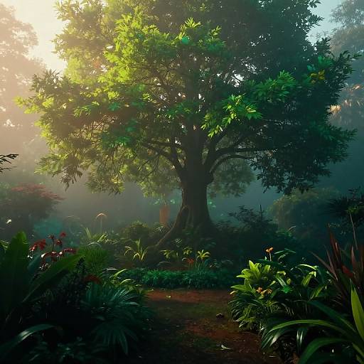 Surreal Garden Vista with Mystical Fog