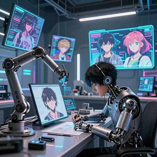 Digital anime-style artwork of a robotic human with black hair, wearing headphones, typing on a laptop, surrounded by multiple screens displaying anime character profiles in a