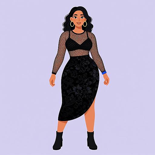 Digital illustration of a curvy woman with dark wavy hair, wearing a black lace dress with mesh sleeves, black ankle boots, and large hoop earrings