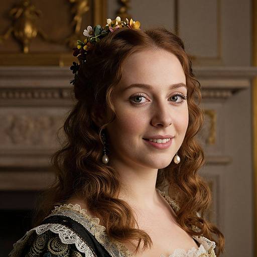 Photograph of a young woman with fair skin, curly brown hair, and blue eyes, wearing a floral headpiece, pearl earrings, and an orn
