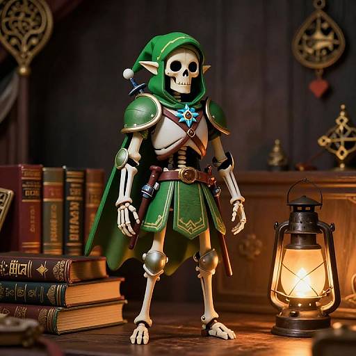 Photorealistic CGI of a skeletal elf in green hooded cloak and armor, standing near a glowing lantern, surrounded by books and wooden shelves in a