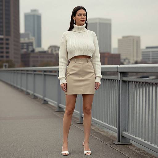 Photograph of a young woman with long black hair, wearing a white turtleneck sweater, beige high-waisted skirt, and white heels,