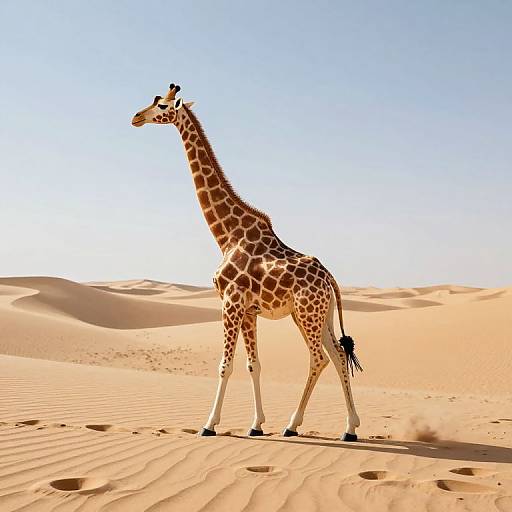 Photograph of a tall, patterned giraffe walking in a sunlit, golden desert with rippled sand dunes under a clear blue sky.