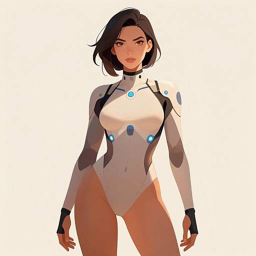 Digital illustration of a confident, dark-haired woman in a white, form-fitting, high-tech bodysuit with blue accents, standing against a plain
