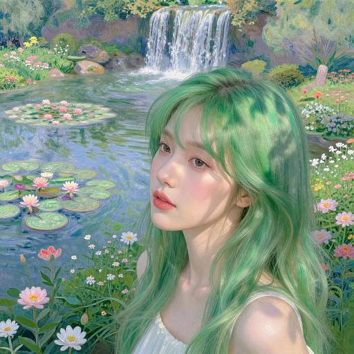 Digital painting of a young woman with green hair standing in a vibrant, flower-filled garden by a waterfall. She gazes forward, surrounded by lilies