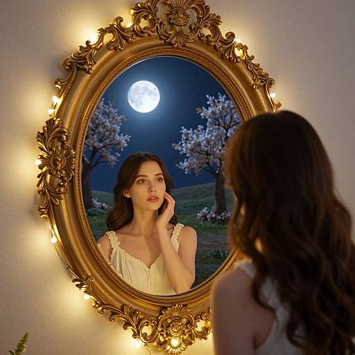 Photograph of a woman with long brown hair, in a white dress, reflected in an ornate, gold-framed mirror, illuminated by fairy lights