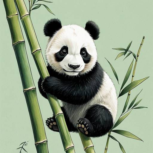 Curious Baby Panda Climbing Bamboo