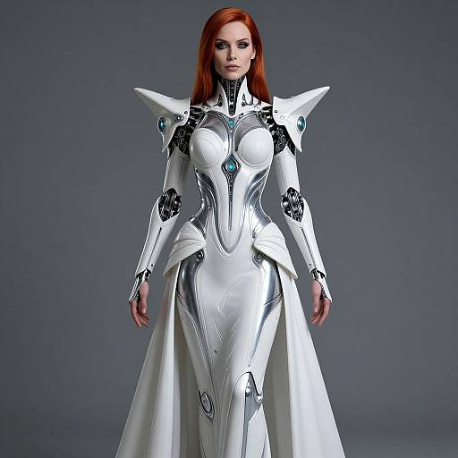 Photograph of a red-haired woman in a futuristic, white, armored gown with black and blue accents, standing against a gray background.