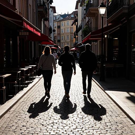 Photograph of three silhouetted figures walking down a sunlit, cobblestone street in a European town, with red awnings and shadows