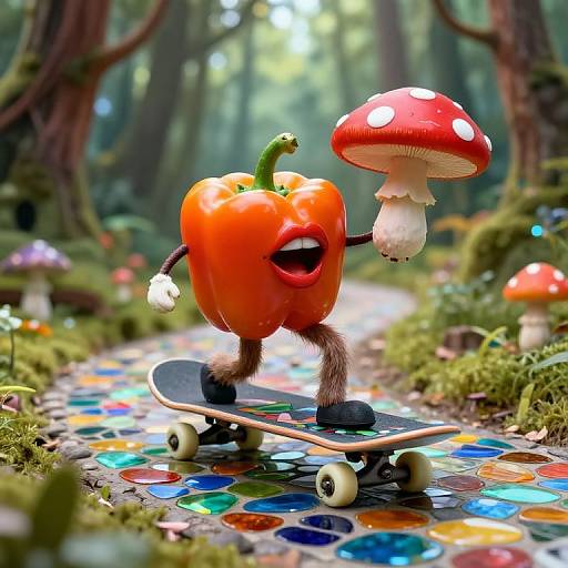CGI image of a red bell pepper with a face, holding a mushroom, skateboarding on a colorful, reflective forest path.