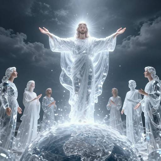Photograph of a glowing, ethereal Jesus with outstretched arms, surrounded by six transparent, white-robed angels in a cloudy night sky.