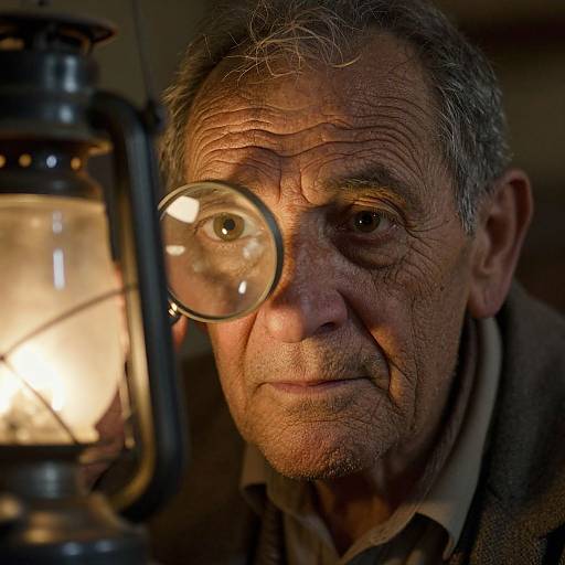 Close-up photograph of an elderly man with wrinkled skin, grey hair, and intense gaze, illuminated by a vintage lantern.