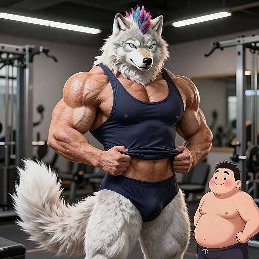 Digital artwork of a muscular anthropomorphic wolf with white fur, blue and pink mohawk, black tank top, and shorts, flexing in a gym