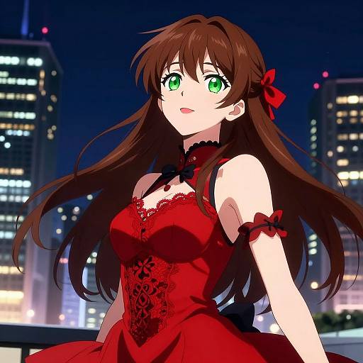 Anime-style digital drawing of a green-eyed girl with long brown hair, wearing a red lace dress with black ribbons, standing in a nighttime cityscape