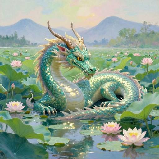 Digital painting of a shimmering green dragon with yellow horns and scales, lounging in a serene lotus-filled pond, surrounded by pink lotus flowers