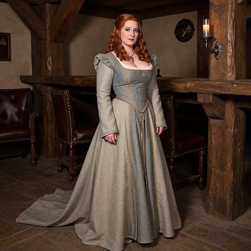 Photograph of a fair-skinned, red-haired woman in a medieval-style, light gray, long-sleeved gown with gold trim, standing in