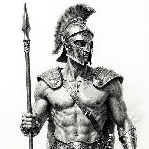 Black-and-white digital drawing of a muscular, armored ancient warrior with a plumed helmet, holding a spear, highlighting detailed armor and defined muscles.