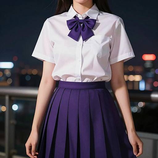 Photograph of an Asian woman in a white short-sleeved blouse with a navy blue bow and pleated navy skirt, standing at night with city