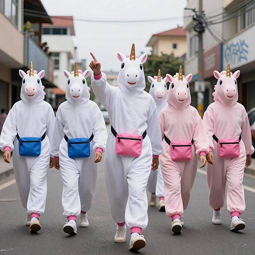 Group of People Walking in Unicorn Costumes