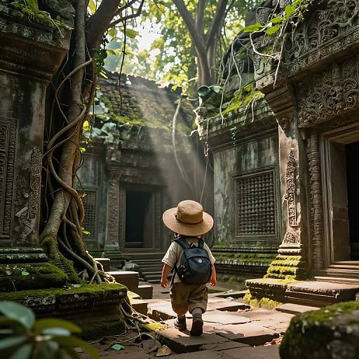 Photograph of a child with a straw hat, backpack, and khaki pants, walking through a sunlit, ancient, moss-covered temple with vines