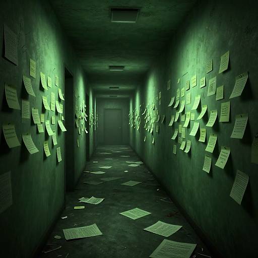 Dark, eerie hallway with green-lit walls covered in scattered papers, illuminated by glowing green lights, creating a mysterious, haunting atmosphere.