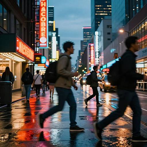 Photograph of a rainy, bustling city street at dusk with blurred pedestrians, neon signs, and reflections on wet pavement.