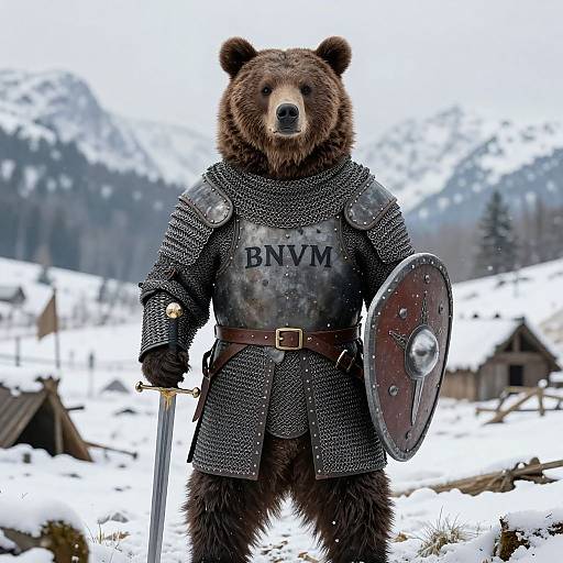 Medieval Bear Knight in Snowy Battlefield