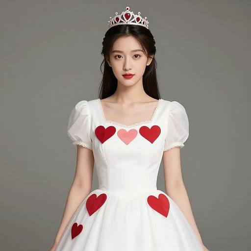 Woman in Heart-Patterned Dress and Crown