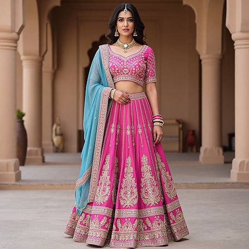 Woman in Pink and Blue Lehenga