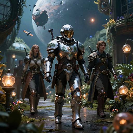 Armored Commander Leading Adventurers in Orbital Arboretum