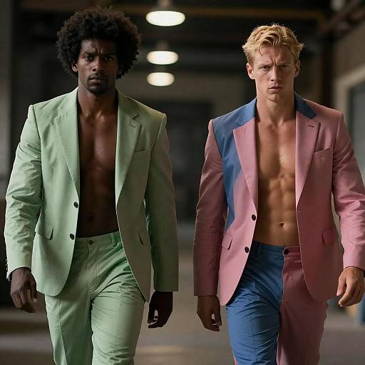 Dynamic Duo in Colorful Quilted Suits