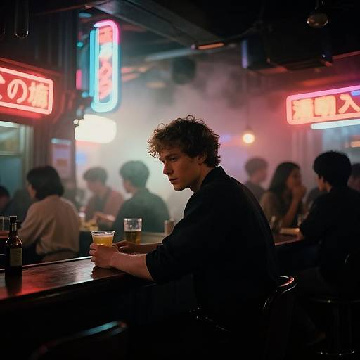 Photograph of a young man with curly hair, wearing a black shirt, sitting at a dimly lit bar, neon signs glowing red and blue in