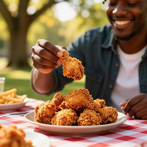 Photograph of a smiling Black man in a denim shirt, holding a crispy fried chicken nugget over a plate of golden nuggets, outdoors on a