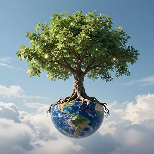 Photograph of a tree with green leaves and roots extending into a floating Earth, set against a bright blue sky with fluffy white clouds.