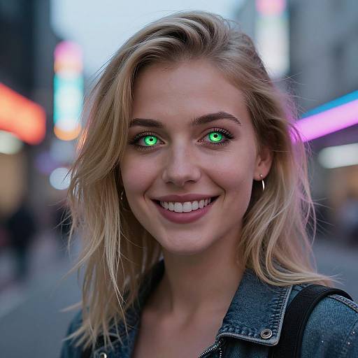 Photograph of a smiling blonde woman with green glowing eyes, wearing a denim jacket, standing in a brightly lit urban street.