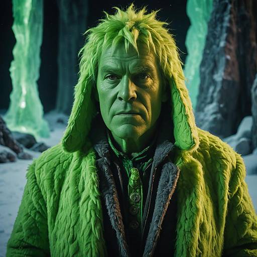Man in Vintage Grinch Costume in Ice Cavern