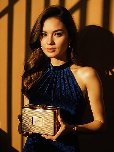 Woman in Navy Blue Velvet Dress Holding Patterned Clutch